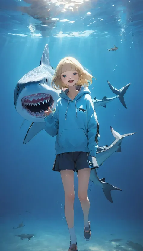 Highest quality、masterpiece:1.3、Perfect Anatomy、One Girl、Shark-chan、かわいいShark-chan、Shark-themed hoodie、Shark teeth on the hood、Wearing a hood、Light Blue Hoodie、Girl with open mouth、Sharp teeth、Shark themed hoodie、Light blue culottes、Random pose、break、水槽で泳ぐ...