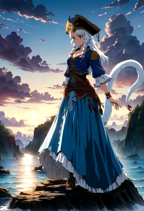 woman with white hair and blue dress standing on a rock in the ocean, anime fantasy artwork, pirate clothes, tail turns into skirt, anime fantasy illustration, beautiful fantasy anime, fantasy art style, white haired deity, epic fantasy art style, sea quee...