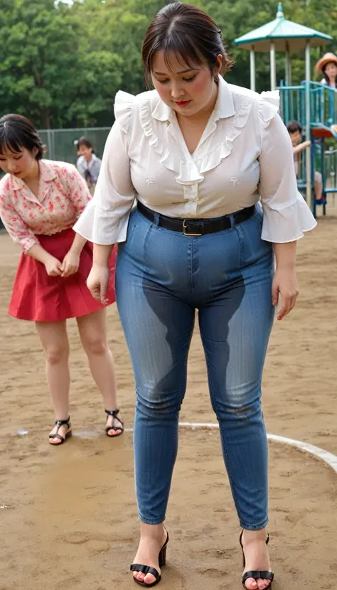 1woman,2kids,fullbody,(masterpiece:1.5),photo-realistic,16k,(beautiful 40s japanese plump lady:1.4),(crowded playground:1.6),(frilled blouse:1.5),(jeans:1.3),(sandals:1.5),(handing on wetting crotch with both hands:1.4),(whimpering:1.6),(panicking:1.6),(cr...