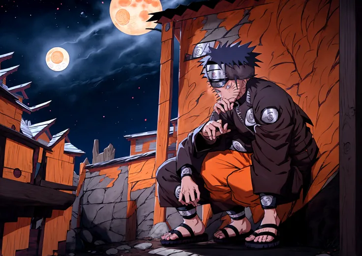 (((naruto character with akatsuki outfit))) smoking weed outside at night, on a full moon night. cena ultra wide 4k 90s