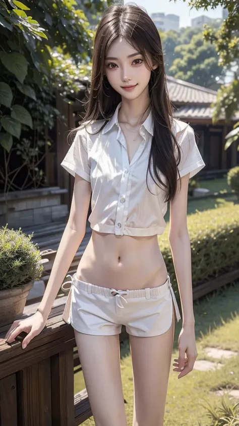 RAW, masterpiece, best quality, extremely detailed, 8k, HDR, photorealistic, intricate, A skinny Asian girl, she has an extremely slim body with narrow and small hips, long straight hair, wearing a short sleeves loosed button shirt and white thongs, smile,...