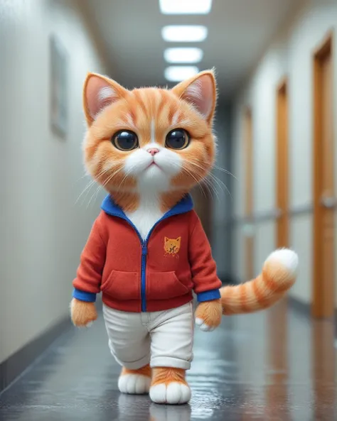 in your ai art, draw a small orange cat character walking down a hallway. this cat is wearing a red shirt and white pants. in th...