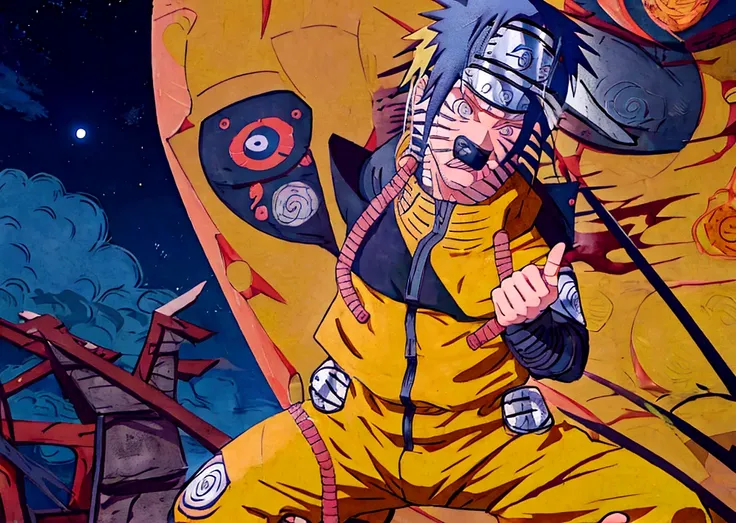 (((naruto character with akatsuki outfit))) smoking weed outside at night, on a full moon night. cena ultra wide 4k 90s