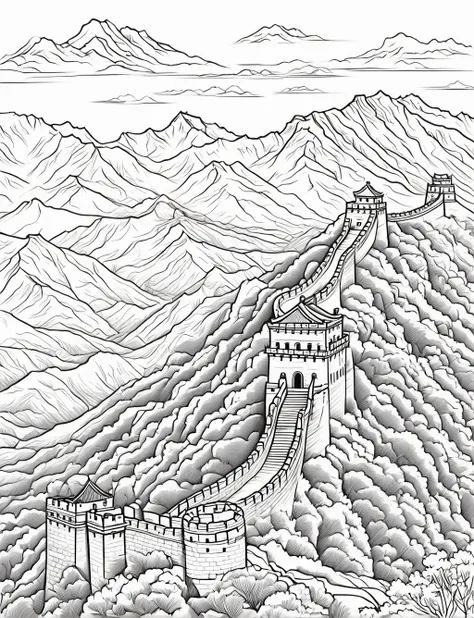 ((A section of the Great Wall snaking over hills, with a couple of ancient watchtowers and surrounding mountains), (black and white), (masterpiece), (coloring page), line art drawing, graphic, (simple line art), vector graphics, Clear and Distinct Lines, V...