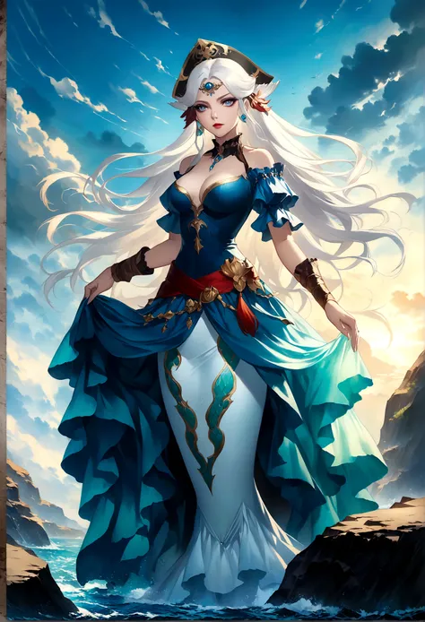 woman with white hair and blue dress standing on a rock in the ocean, anime fantasy artwork, pirate clothes, mermaid tail turns into a skirt, anime fantasy illustration, beautiful fantasy anime, fantasy art style, white haired deity, epic fantasy art style...