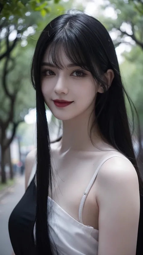 a sexy, gothic woman with pale white skin with black hair and a mischievous smile, black eyes with bright red irises on an empty listening street of a park with dry trees in a gloomy gothic atmosphere