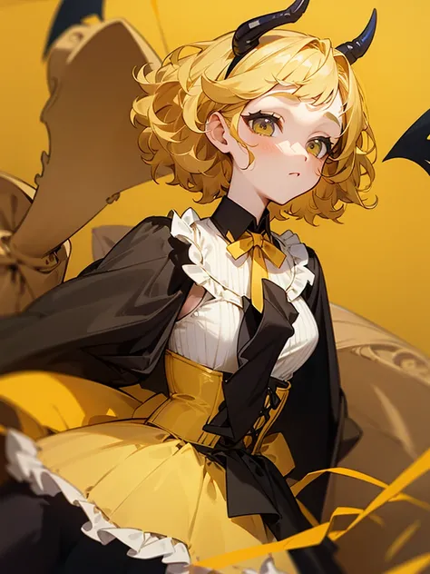 Short blonde curly hair Yellow ribbon hair accessory Yellow corset dress Devil&#39;s wings Grumpy