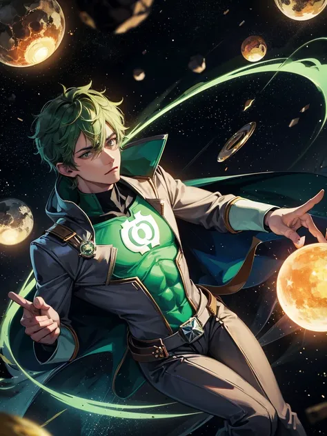 Green Lantern sitting on a research platform floating in the middle of the asteroid belt. He studies with a notebook, surrounded by several asteroids glowing with a fiery aura. Dramatic lighting from distant stars and planets illuminates the scene, casting...