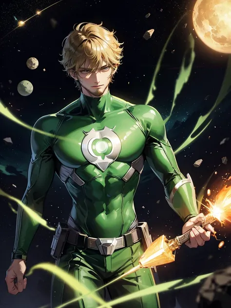 Green Lantern sitting on a research platform floating in the middle of the asteroid belt. He studies with a notebook, surrounded by several asteroids glowing with a fiery aura. Dramatic lighting from distant stars and planets illuminates the scene, casting...