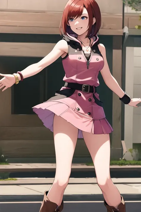 masterpiece, Highest quality, High resolution, CCKAIRI is, Medium Hair, necklace, Bare shoulders, hoodie, button, No sleeve, bracelet, Belt Buckle, Black belt, Pink Skirt, Are standing, Cowboy Shot, town, street, smile　Big Tits　Thigh-high boots　ballerina