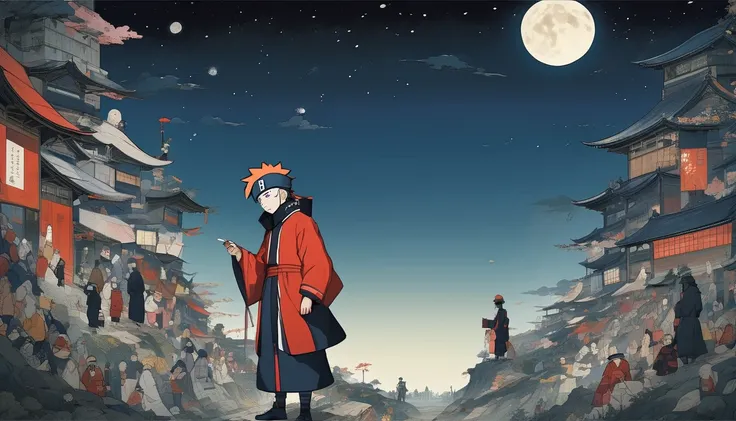 (((naruto character with akatsuki outfit))) smoking weed outside at night, on a full moon night. cena ultra wide 4k 90s