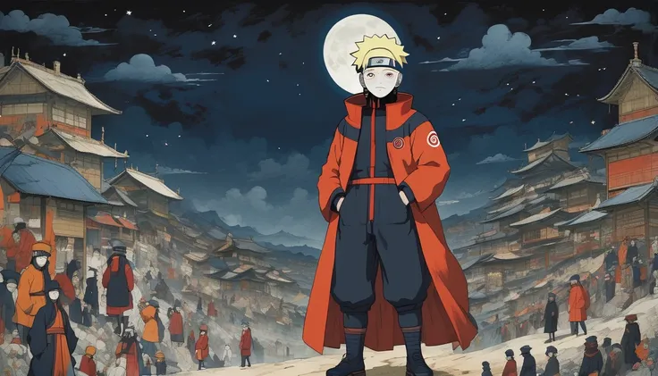 (((naruto character with akatsuki outfit))) smoking weed outside at night, on a full moon night. cena ultra wide 4k 90s