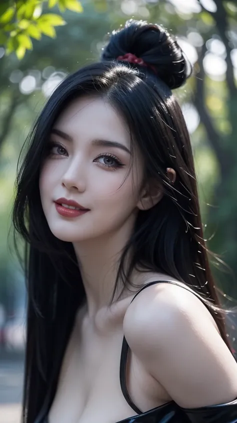 a sexy, gothic woman with American features with pale white skin with black hair and a mischievous smile, black eyes with bright red irises on an empty listening street in a park with dry and scary trees in a gloomy atmosphere