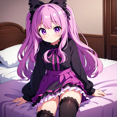 a 14 year old girl, detailed violet eyes, pink wavy long hair, oversized black pullover, frilly skirt, cute stockings with ribbon bows, interior bedroom setting.