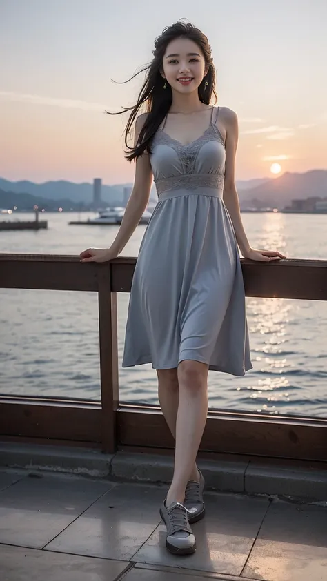  (masterpiece, top quality, best quality,1girls,Korean, beautiful face, smile, long hair, 19 years old, tank top, ((Light grey straight dress:1.1)), White shoes, hills, full body view, sunset,