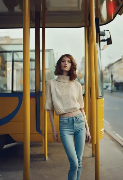 a woman wearing a cropped top and jeans standing in front of the bus stop, in the style of Oleg Oprisco, video, Jocelyn Hobbie, soft, muted tones, close up, wavy, Nick Knight --ar 36:55 --stylize 750 --v 6