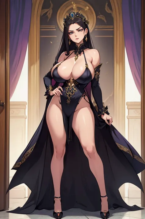 (masterpiece, best quality, high resolution, ((full body, standing,)), ((huge breasts)) 1 woman, fantasy aristocratic clothes, jewelry, evil expression ,full body
