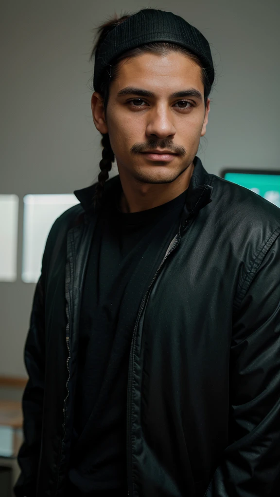 a young white-skinned Latino man, with black hair, combed back, hair tied back with a ponytail, with a chin full of very little black mustache, wearing a backwards cap, dressed in a black jacket, looking directly at the camera, photograph identification ca...