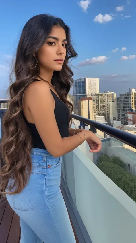 Mexican girl with wavy hair and honey brown eyes looking at the sky from the side balcony in a city with a beautiful sky, (realist), 8k, Ultra quality, 4K quality