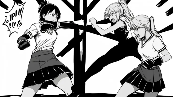 story of two girls fighting in a class , girl  , angry face , punch , kick