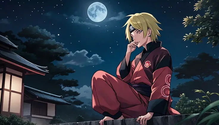 (((naruto character with akatsuki outfit))) smoking weed outside at night, on a full moon night. cena ultra wide 4k 90s