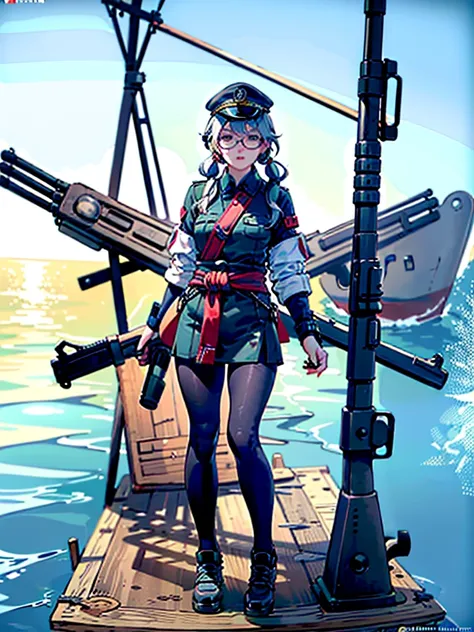 realistic detailed woman with white hair in twin pigtails, wearing white military jacket, miko costume, thick black tights, black glasses, white military cap, cloudy eyes, sleepy expression, floating on morning sea with legs spread wide, holding turret wit...