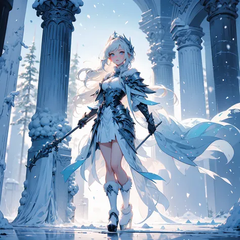 ((full body shot)) of a girl in elegant, fur-lined clothing with intricate ice-blue patterns, standing in a frozen, snowy landscape. She has long, flowing platinum blonde hair and piercing icy blue eyes. Her skin is pale with a slight blue tint, and she is...