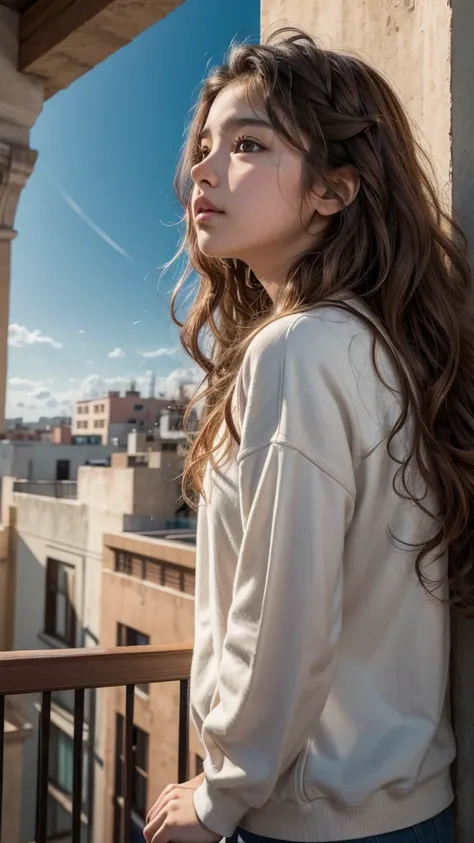 14 year old Mexican girl, with wavy hair and honey brown eyes looking at the sky from the side balcony in a city with a beautiful sky, (realist), 8k, Ultra quality, 4K quality