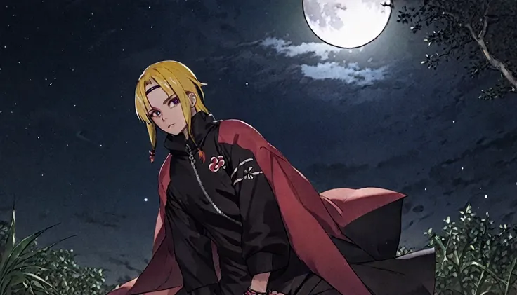 naruto with akatsuki outfit, smoking weed outside at night, on a full moon night. cena ultra wide 4k 90s