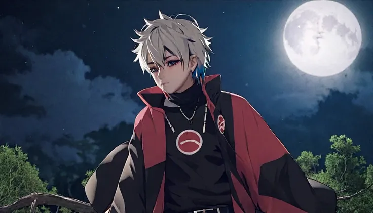 kakashi character in akatsuki outfit smoking weed outside at night, on a full moon night. ultra wide 4k 90s scene