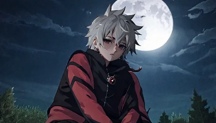 kakashi character in akatsuki outfit smoking weed outside at night, on a full moon night. ultra wide 4k 90s scene