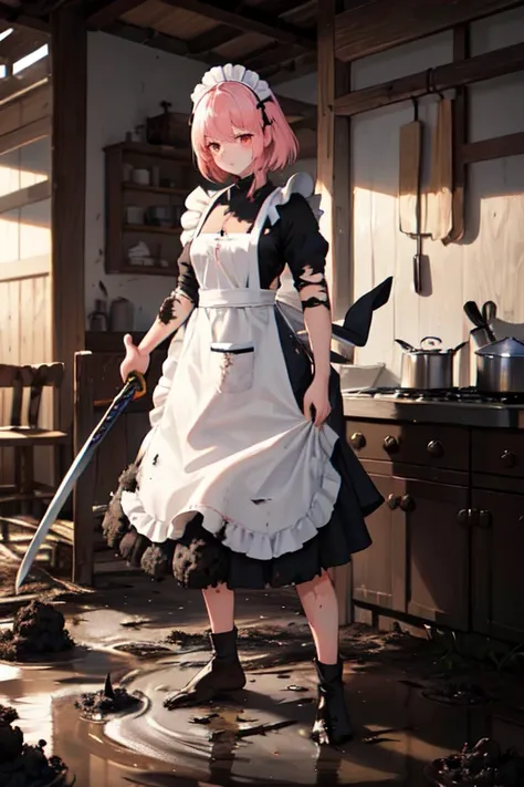 (Ultra-high resolution:1.4)(super high quality:1.4)(detailed:1.4)(Attention to detail), (Ultra-high resolution:1.6)
One girl, cute, Small breasts, White skin, Pink Hair, Classic maid outfit, Normal collar, Leading the way, Sword and Magic, Burning Battlefi...