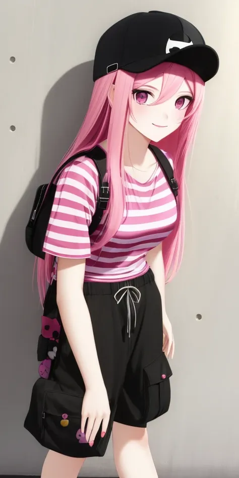 girl with long pink hair, pale skin, black cap backwards, hello kitty striped shirt and black cargo pants with pink details