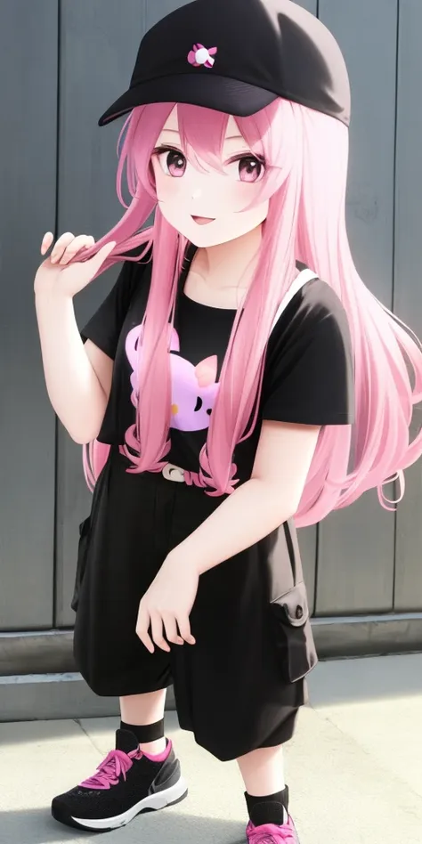 girl with long pink hair, pale skin, black cap backwards, hello kitty striped shirt and black cargo pants with pink details