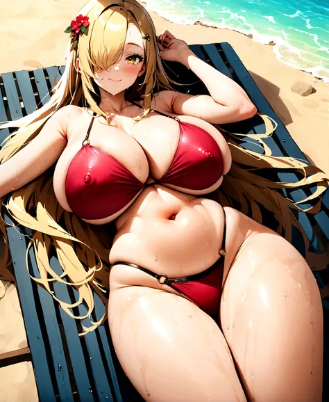 score_9、score_8_up、score_7_up、pwcsponson、1 person、solo、Pokemon Cynthia、Blonde Hair、hair ornaments、Hair above one eye、Long Hair、Yellow Eyes、Ass Focus、water着、bikini、wood、Beach、Huge breasts、ヤシのwood、Lying、Lying face down、Outdoor、Lying on your back、Daytime、null...