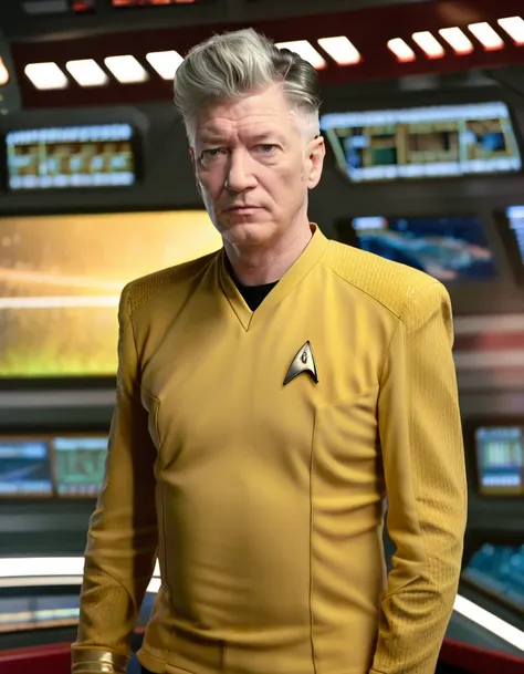 david lynch in yellow stsnwunf uniform,on starship bridge,