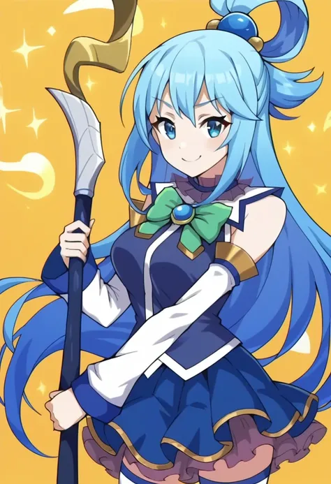 score_9, score_8_up, score_7_up, score_6_up, score_5_up, score_4_up, 1girl, (solo), standing, smile, anime screencap,  aqua /(konosuba/), long hair, blue eyes, hair ornament, very long hair, blue hair, hair rings, single hair ring,blue skirt, blue shirt, t...