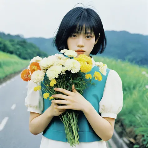 there is a woman holding a bunch of flowers in her hand, with short hair, chiho, by Torii Kiyomoto, sui ishida with black hair, with flowers, ulzzang, kiko mizuhara, natsumi mukai artwrok, aesthetic portrait, lofi girl, the hime cut, by Tan Ting-pho
