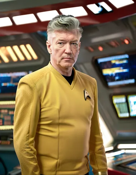 david lynch in yellow stsnwunf uniform,on starship bridge,