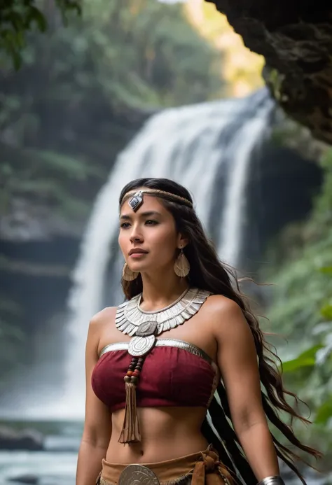 araffe woman in native costume walking in front of a waterfall, pocahontas, smile, retrato de un joven pocahontas, retrato de po...