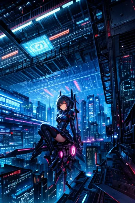 a girl sits on top of a complex machinery structure in a futuristic city