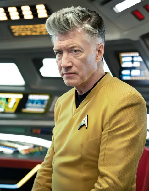 david lynch in yellow stsnwunf uniform,on starship bridge,