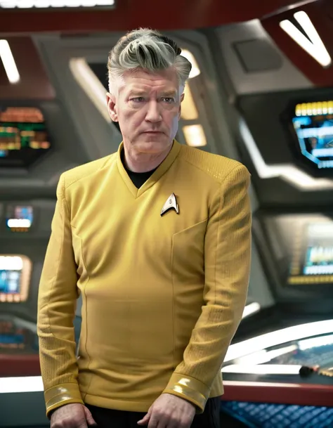 david lynch in yellow stsnwunf uniform,on starship bridge,