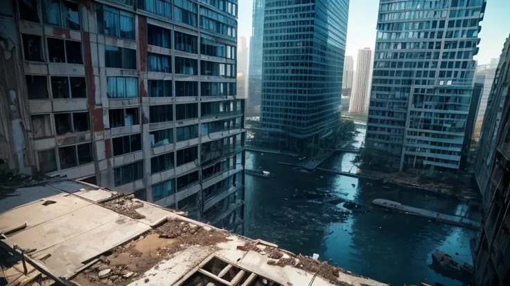 submersion　in the water　multi-tenant building　concrete　skyscraper　forest　alley　dilapidated atmosphere　rubble　view from the rooft...