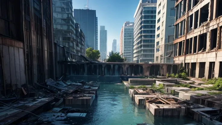 submersion　in the water　multi-tenant building　concrete　skyscraper　forest　alley　dilapidated atmosphere　rubble　view from the rooft...