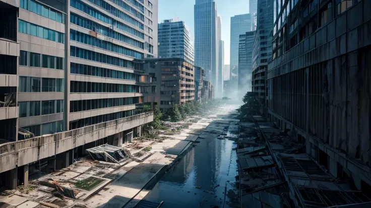 submersion　in the water　multi-tenant building　concrete　skyscraper　forest　alley　dilapidated atmosphere　rubble　view from the rooft...