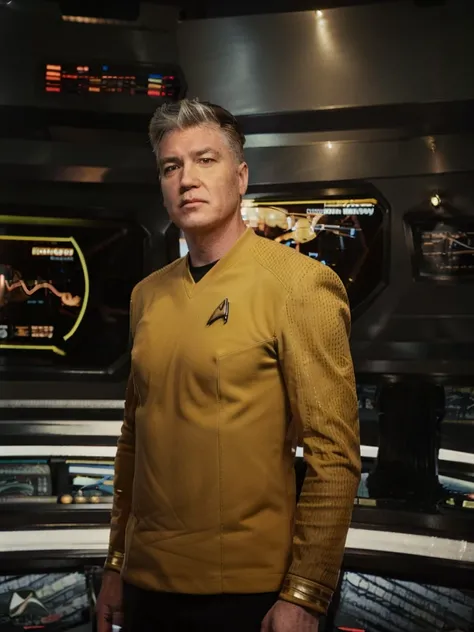 David Lynch in yellow stsnwunf uniform,on starship bridge,