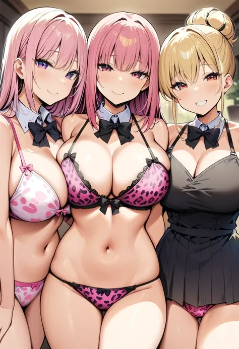 masterpiece, Highest quality, High resolution, ＪＫ,Huge ,Three Girls,black bow,black bowtie,Blonde,bow,bowtie,chest,Hair Bun,,Long Hair,View your viewers,Multiple Girls,Pink Hair,,smile,pink leopard print panty,Leopard print underwear