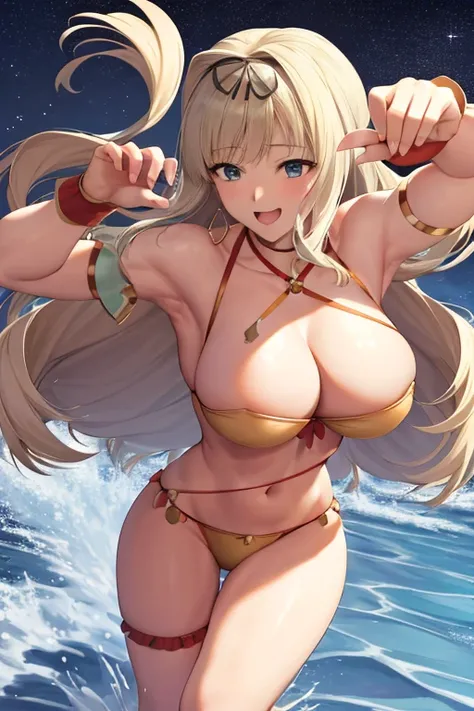 masterpiece, best quality, beautiful art, high resolution, well formed hands, body and fingers, 1 woman, solo, Sasara Kusugawa, blonde grown up, arabian belly dancer, adult, large and round breasted, (perfect hands and fingers:1.5) cleavage, hair ribbon, f...