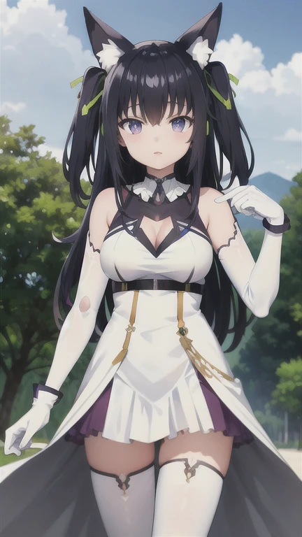 masterpiece, best quality, highres, aatama, long hair, black hair, two side up, green ribbon, animal ears, purple eyes, bare shoulders, cleavage cutout, see-through, white dress, collared dress, sleeveless, elbow gloves, white gloves, white thighhighs, sta...